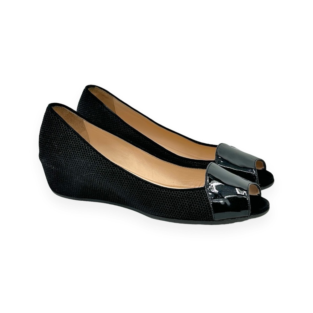 Aquatalia Black Waffle Textured Patent Leather Peep Toe Wedge Heel Pumps sz 7.5